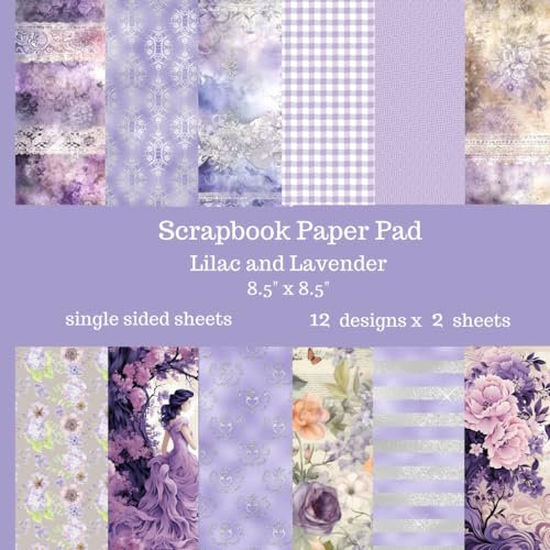 Lilac and Lavender Scrapbook Paper Pad: 24 Single Sided Sheets of Decorative Paper for Junk Journals, Scrapbooking, Decoupage, Paper Crafts and More 8.5 x 8.5 Featuring Flowers, Checks and Lace