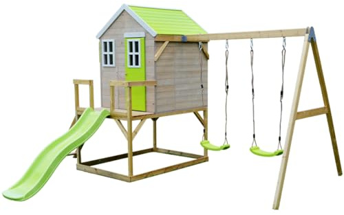 Kangui - Maison de Jardin Enfant extérieurs avec Plateforme, Toboggan et Double balançoire - Toit étanche - Vert et Blanc