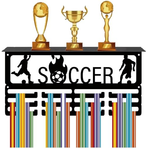 CREATCABIN Fußball-Medaillenaufhänger Trophäenregal,Verbesserter Sport-Fußball-Medaillenhalter,Ausstellungsregal,Band-Wandaufhänger,Metall-Wandhalterung,Rahmenregal Aufhängen Über 70 Medaille,40x20cm