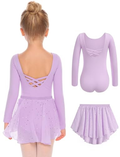 Arshiner Langarm Ballettkleidung für Mädchen Rückenfrei Ballettanzug Ballettkleid Kinder Baumwolle Tanzkleid Ballet Turnanzug mit Chiffon Wickelrock Lila 140 5-6 Jahre