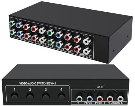 BolAAzuL 4-Way Component AV Video Switch Box 4 in 1 Out Plug & Play | 5RCA YPbPr Cable RGB Component AV Switcher Selector Converter 4 Port for Retro Gaming PS2 Wii Xbox DVD Player TV