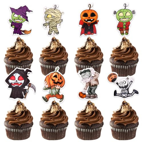 DazzJoy 24 Stück Halloween Cupcake Toppers,Halloween Tortendeko Zeichentrickfigur,Halloween Deko Torte,Halloween Party Deko Hexe,Halloween Muffin Deko,Halloween Kuchen Deko,Kuchendeko Halloween