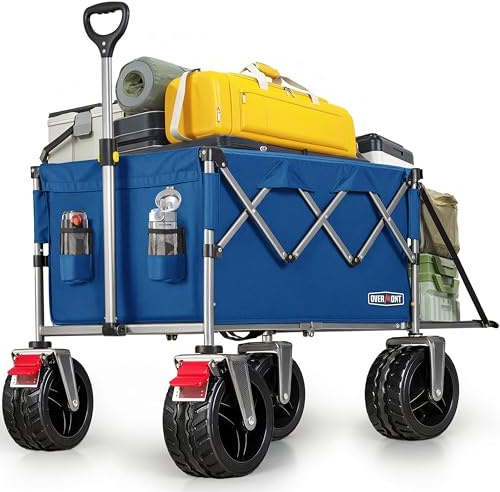Overmont Chariot de Festival Pliable 200 L – Roues et Freins Extra Larges – Chariot Robuste jusqu'à 150 kg – avec poignée réglable et Sac de Housse – Chariot pour Plage, Camping, Jardin – Bleu