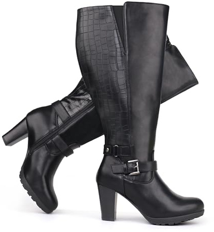 Chicblooms Stivali da donna taglie forti, gambo largo, tacco alto, con fibbia alla caviglia, ecopelle nera, 39.5 EU
