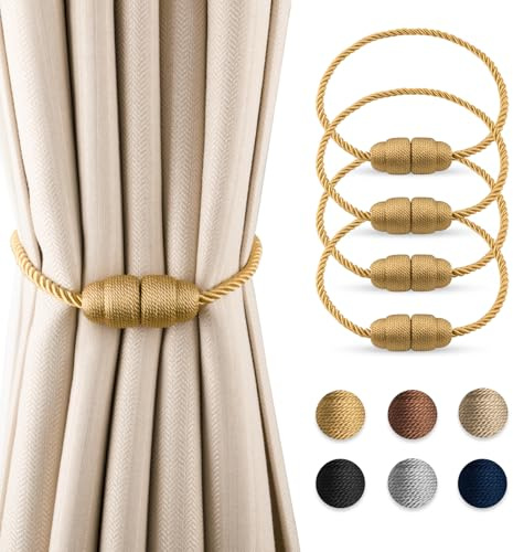 Dalababa Magnetische Vorhang Raffhalter, 4 Stück Vorhanghalter Seil Gardinenhalter, Raffhalter für Vorhänge Vorhangschnalle für Home Büro Gardinen Deko - Gold