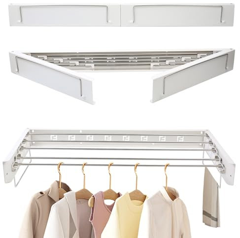 Gemsaya Wäscheständer Wandmontage, 80cm Ausziebar Wandtrockner mit Zwei Zuglaschen, Edelstahl Wand Klappbar Wäschetrockner, Platzsparender Wandmontiert Wäscheleine für Indoor & Outdoor Balkon, Weiß