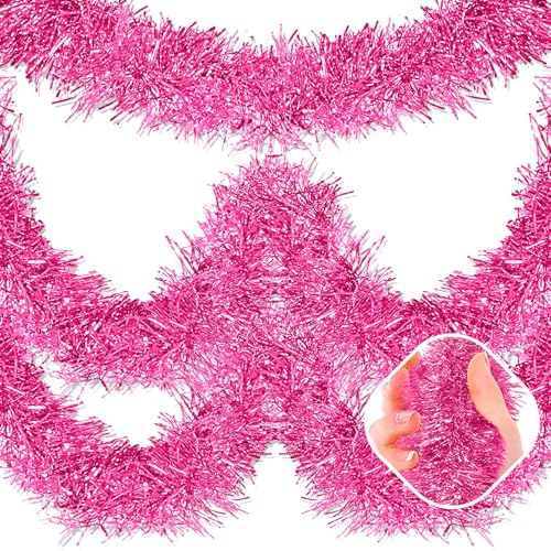 25 Feet Pink Christmas Tinsel Garland, Metallic Foil Twist Garland Wall Hanging Tinsel Banner Backdrop for Parade Floats, Easter, Mother's Day, Birthday Party Decorations (4in x 25ft)