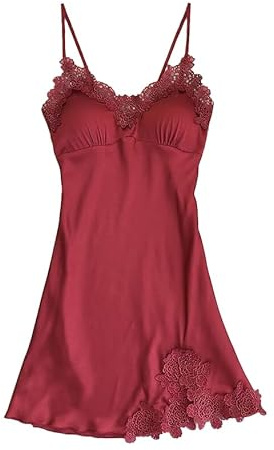 Weardear Nachthemd Damen Ärmelloses Nachtwäsche Kurz Baumwolle Nachtkleid Spitze V-Ausschnitt Sexy Negligee Weinrot M