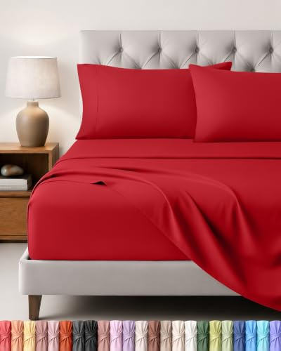 Utopia Bedding 4 Teilige Bettlaken Set, 180x200cm, Rot | 1 Spannbettlaken 180x200cm, 1 Bettlaken 270x290cm und 2 Kissenbezüge 50x75cm - Oeko-Tex Zertifiziert - Polyester Microfaser