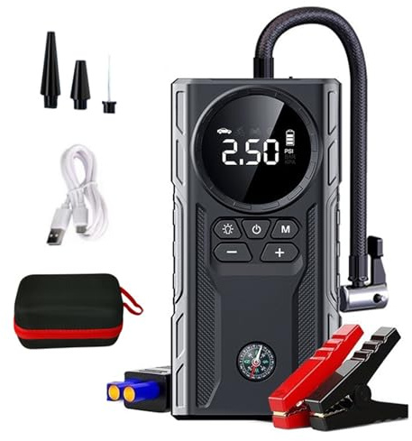 MIOLOE 1800A Starthilfe Powerbank mit Kompressor, 4-in-1 tragbarer 12V Auto-Starthilfe-Akku-Booster, 150 PSI digitaler Reifenfüller, Powerbank, LED-Taschenlampe, mit Aufbewahrungstasche