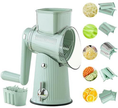 AVEKI 5 in 1 Cheese Grater with Blade Storage Box, Rotary Hand Crank Food Chopper with 5 Group Stainless Blades, Manual Food Grater for Cutting Fruits & Vegetable, Kitchen Essentials (Green)