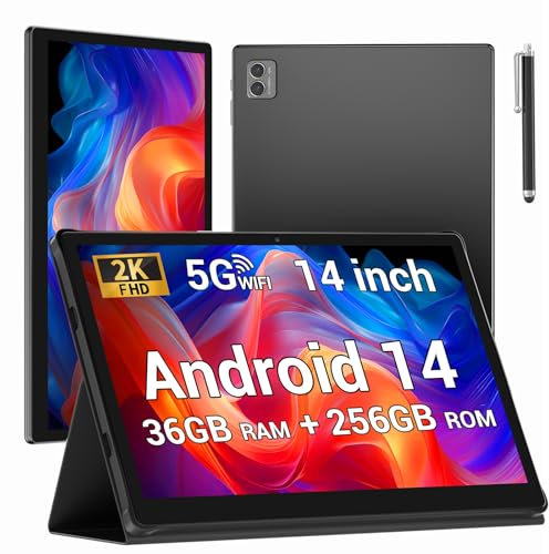 BEYNIVAN Tablette 14 Pouces Android 15 Tablette Tactile avec 5G WiFi,36Go+256Go/11580mAh/20W/13+8MP/Octa-Core/Face ID/TÜV/GMS/BT5.0/GPS/Tablette avec étui,Noir