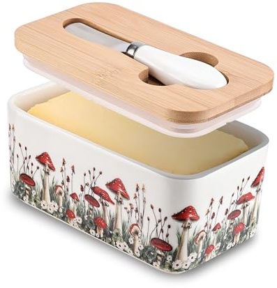 Fungi Fun Mushroom Butter Dish with Lid – Large Countertop Butter Keeper with Knife & Silicone Seal, Decorative Ceramic Butter Container for Home Kitchen Idea