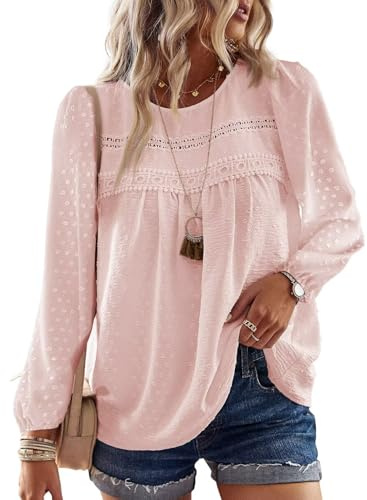 TUUHAW Abbigliamento Donna Autunno Pizzo Elegante Bluse con Pizzo Boho Camicia Maniche Lunghe Maglietta Casual Lunga Camicie con Scollo Rotondo Colore Puro Tops Tunica Rosa Pallido M
