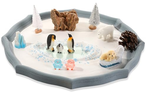 Zen Garden Kit for Desk - Polar Scene Zen Sand Tray with Glow Penguin, Polar Bear, Walrus Statues, Snow Tree, White Sand & Blue Tray - Home Office Decor, Stress Relief Gift (White)