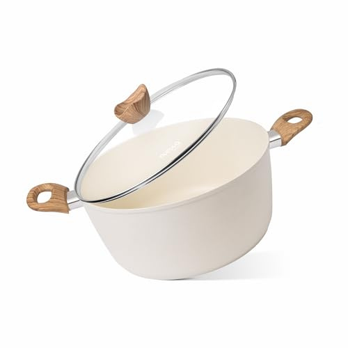 Pentole antiaderenti con coperchio in vetro – Pentola per piano cottura a induzione – Pentole da cucina – Casseruola profonda – 28 cm, crema – by Nuovva