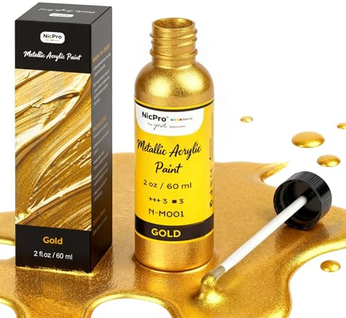 Nicpro Peinture Dorée Metal, 60 ml Peinture Acrylique Or, Non Toxique Et Résistante À La Lumière, Acrylique Or Métallique pour L'Artisanat Métal, Bois, Tissu, Toile, Meubles, Fournitures D'Art