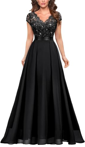MIUSOL Women's Elegant V-Neck Lace Emprie Waist Bridesmaids Party Gown Formal Maxi Dress (Meidum, Sequins Version - Black)