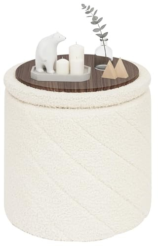 PINPLUS Puff Almacenaje Plegable con Tapa Reversible, Taburete Otomano Redondo Teddy Bouclé, Reposapiés para Salón o Dormitorio, Ø 33 x 35 cm, Blanco