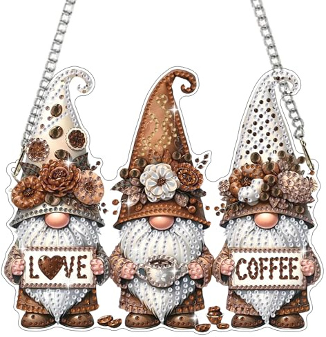 Bowetile Diamond Painting Pendente Adulti Bambino con Gnomo del Caffè, Gnomo del Caffè Diamond Painting Kit Completo principiante, Insegna per Porta Kits Appendere da Parete Appeso Kit per Decorazioni