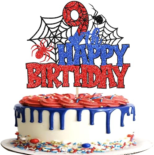 SYKYCTCY 1 Pack Spider Happy 9th Birthday Cake Topper Baby Shower Cake Picks for Spider Theme Spooky Party 9th Birthday Boys Girls Kids Party Supplies