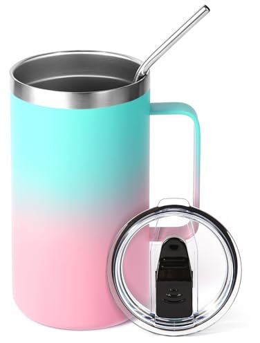 Volhoply 650ml (22oz) Insulated Coffee Mug with Lid and Straw, Stainless Steel Travel Mugs with Handle, Leak Proof Double Wall Coffee Cup for Hot and Cold Drinks (Green Pink,1 Pack)