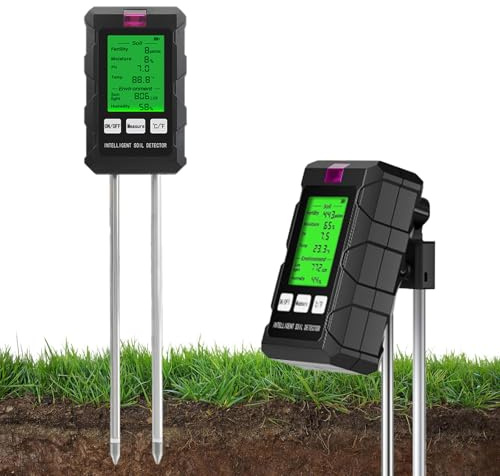 Misuratore PH Terreno 6 in 1, Igrometro Piante, Grometro Piante con Fertilità Suolo/Umidità/pH/Temperatura/Luce Solare/Umidità Ambientale, con Display LCD Retroilluminato per Giardini, Prati Fattorie