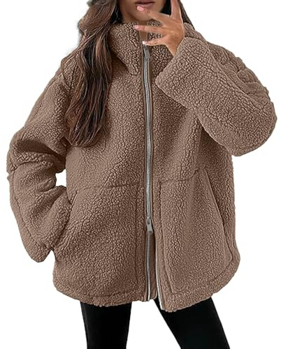 Generisch Teddyjacke Damen Winter Teddyfleece Jacke Doppelschieber Reißverschluss Winterjacke Thermal Teddy Wintermantel Einfarbig Revers Fleecejacke Flauschig Plüschjacke Outdoor Fleecemantel