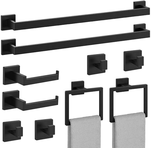 Bubxo 10-Pieces Matte Black Bathroom Accessories Set, 24 Inch Bathroom Hardware Set, SUS304 Stainless Steel Bath Towel Bar Set, Towel Racks for Bathroom Wall Mounted