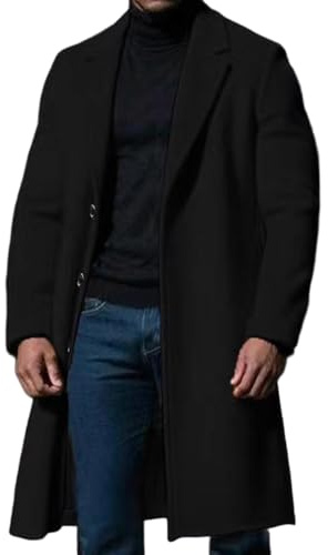 Caziffer Men’s Long Winter Overcoat Single Breasted Classic Trench Coat Long Sleeve Laple Collared Wool Pea Coat (Black, XL)