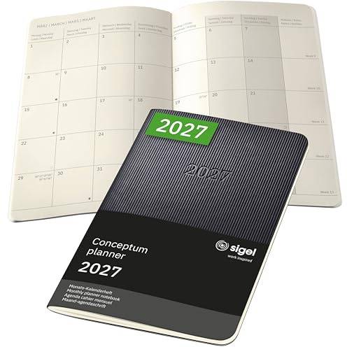 SIGEL C2785 Monats-Kalenderheft Monatsplaner 2027, ca. A6, schwarz, Softcover, 2 Seiten = 1 Monat, 64 Seiten, Quickpocket, aus nachhaltigem Papier, Conceptum