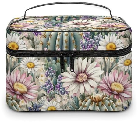 Nevjipu Beauty case da viaggio grande in pelle – elegante borsa da viaggio con stampa di cactus margherite per cosmetici da donna, custodia per la cura delle unghie, organizer per trucchi con