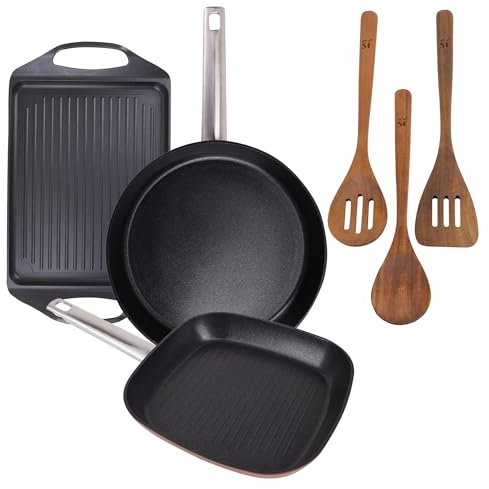 San Ignacio AGROS Pack cocina 4 Pzs - Plancha asador 34x26cm, Sartén Ø30cm, Grill cuadrado 24cm y Set 3 Utensilios de madera de acacia