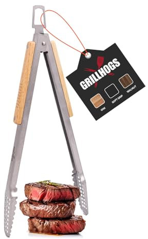 GrillHogs Drop Kick Your Old Tongs, 12-Inch Barbecue Tongs Are the Only Equipment That Can Handle Your Massive Meat, Stainless Steel + Oak Wood BBQ Tongs, Premium Grill Tongs