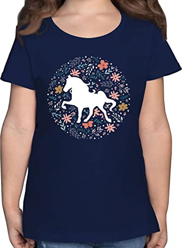 T-Shirt Mädchen - Pferde - Pferd mit Blumen - 116 (5/6 Jahre) - Dunkelblau - reitshirt reitshirt, für Kinder reiten Horses Tshirt Pferde-Shirt pferdeshirts pferdeliebhaber tiermotiv Shirt