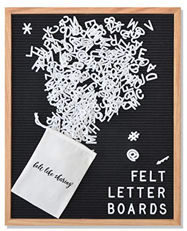 Black Felt Letter Board 16x20 Inches, Changeable Letter Board Plus 348 White Plastic Letters, Warm Oak Frame Wooden Letter Board w/Sawtooth Wall Hanger + Drawstring Pouch For Letterboard Letters