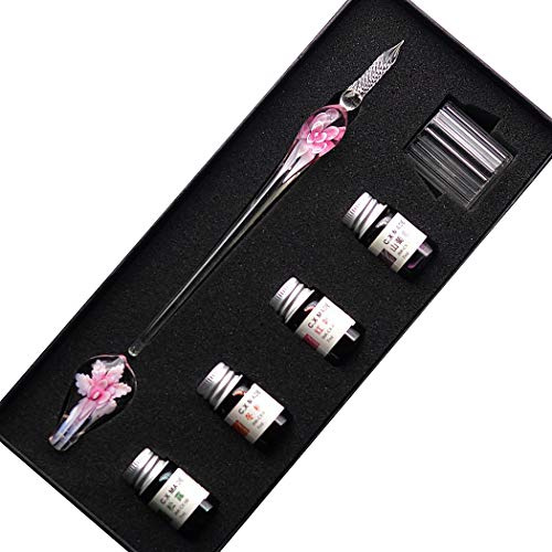 SIPLIV Handgefertigte Kristall Glas Intarsia Dip Füllfederhalter Set Kalligraphie Signaturen Stift mit 4 Farben Tinte, Stifthalter, Reinigungsbecher, Rosa