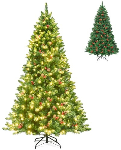 COSTWAY Albero Natale 135/195 cm con 300/450 Luci Incorporate Bianco Caldo | Albero di Natale Artificiale con 516/1100 Rami, 32/56 Pigne e 32/56 Bacche Rosse e Base in Metallo, 195cm