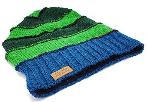 Trend stickad mössa lång beanie Nepal handgjord ny ull en storlek grön blå
