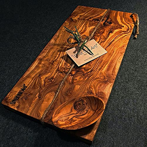 What the Art!® Olive Wood «Karo» XL | Tabla de cortar de madera de olivo + cuenco + regalo | 40 x 20 x 2 cm