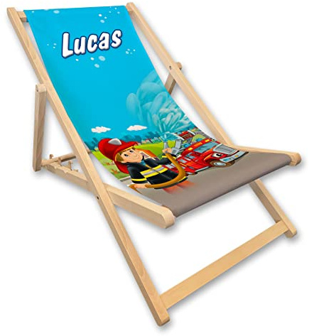 Unikatolo Kinder-Liegestuhl mit Name personalisiert, Strandstuhl, Geschenkidee Geburtstag Kindergarten Kinderzimmerdeko, Outdoor, Campingstuhl, Strandliege, individuell Bedruckt (Feuerwehr)