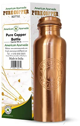 A American Ayurveda 100% Pure Copper Water Bottle for drinking, Jointfree, Leakproof, Natural Ayurveda Health Benefits, Copper bottle, Alkaline Water 600ml (20Oz) Capacity