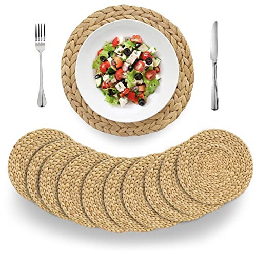 Set di 10 tovagliette rotonde in tessuto di Giacinto d'acqua naturale per tavolo da pranzo, grandi tovagliette in tessuto fatto a mano, resistenti al calore, antiscivolo