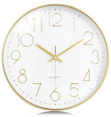 Lafocuse 30cm Horloge Murale Or Moderne Silencieuse, Chiffres 3D Pendules Murales Facile à Lire, sans Tic-tac Déco pour Cuisine Salon Chambre Bureau