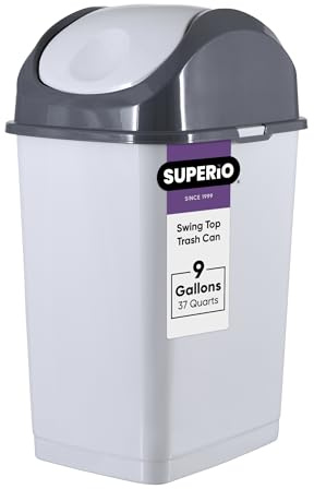 Superio Kitchen Trash Can with Swing Top Lid 9 Gallon Slim Waste Bin 37 Qt Sturdy Plastic Garbage Can Medium Recycling Bin for Office, Bathroom, Under Counter, Dorm, Bedroom (Smoke White/Grey)