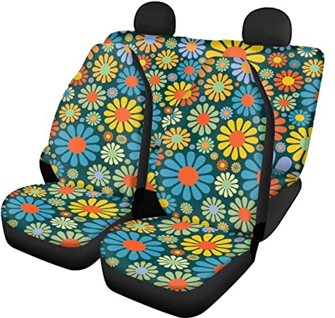 chaqlin Hippie Daisy Auto Sitzbezüge Full Set mit Front Rear Split Bank Sitzschutz für Damen Mädchen Mode Sitzbezüge für Autos,4 Pcs Bunte Daisy Auto Innenraum Zubehör