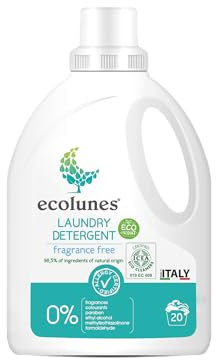 Ecolunes Detergente para ropa sin perfume 98,5% ingredientes de origen natural, especialmente formulado para pieles sensibles, testado dermatológicamente, no provoca alergias, 1L