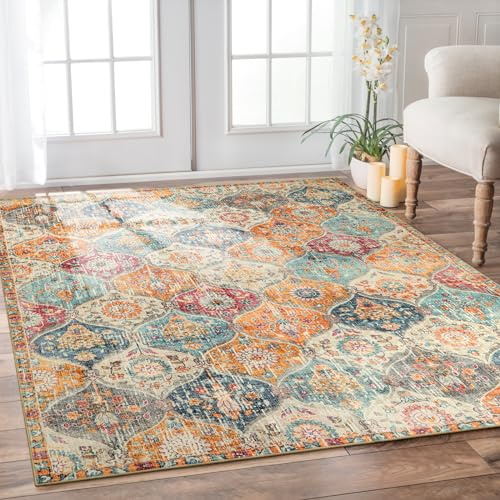 Lahome Moroccan 6x9 Rugs for Living Room, Soft Washable 6x9 Area Rug for Bedroom, Ultra-Thin Oriental Trellis Non Shedding Throw Large Carpet for Dining Room Office Elise, Cream/Multi