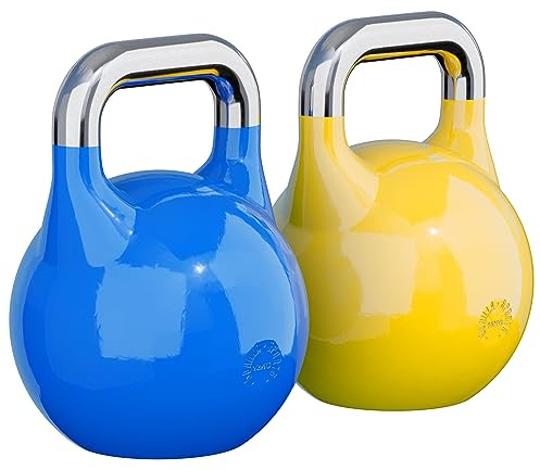 GORILLA SPORTS® Kettlebell Competition - vikt 8 kg till 40 kg, golvvänlig, tillverkad av massivt gjutstål, i 9 färger - tävling kettlebell, swing hantel, bollvikter, för fitness, styrketräning, gym