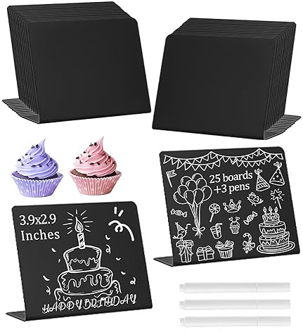 FAOKZE Juego de 25 minipizarras de tiza con 3 rotuladores de tiza para limpiar, pizarras pequeñas para escribir, minipizarras para buffet, bodas, fiestas, marcas de precios, nombres de tarjetas de